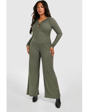 Boohoo Plus Rib Key Hole Detail Wide Leg Jumpsuit - Green