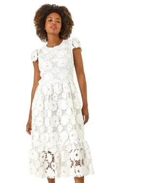 Roman Crochet Floral Lace Midi Dress - White