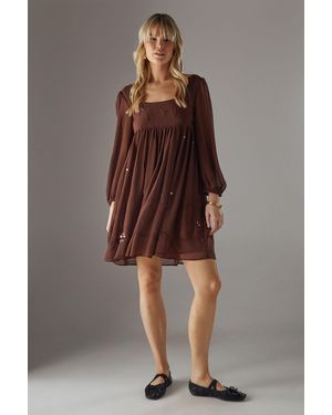 Warehouse Hand Embellished Sequin Square Neck Mini Dress - Brown