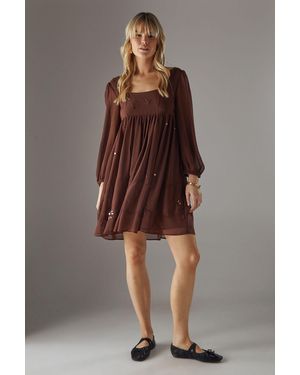 Warehouse Hand Embellished Sequin Square Neck Mini Dress - Brown