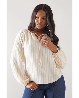 Wallis Embroidered Stripe Tie Front Top - White