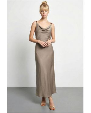 Bianco Lucci Sleeveless Satin Maxi Slip Dress With Cowl Neck And Accessory Detail - Natural