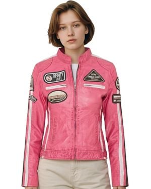 Infinity Leather Biker Racing Badges Jacket-Incheon Lamb Leather - Pink