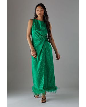 Warehouse Petite Satin Jacquard Feather Twist Front Cowl Back Midi Dress - Green