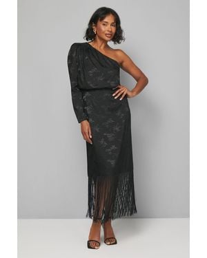Wallis Jacquard One Sleeve Fringe Dress - Black