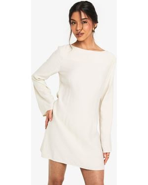 Boohoo Linen Long Sleeve Slash Neck Tailored Mini Dress - White