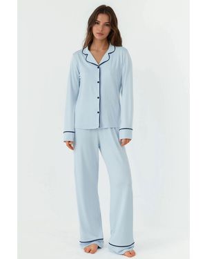 Hiccup Relaxed Fit Long Sleeve Extra Soft Touch Pyjama Set With Shirt Collar - Blue