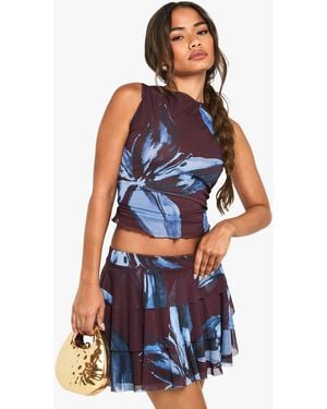 Boohoo Floral Print Tiered Mini Skirt - Blue