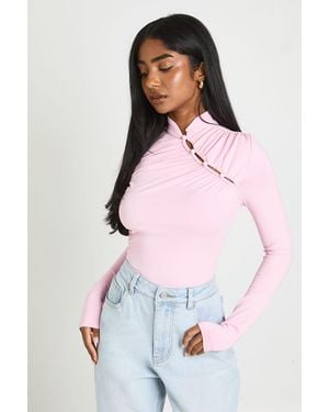 Boohoo Ruched Long Sleeve Asym Button Up Bodysuit - Pink