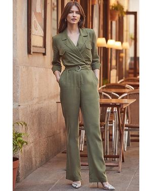 Sosandar Khaki Relaxed Fit Belted Straight Leg Jumpsuit - Brown