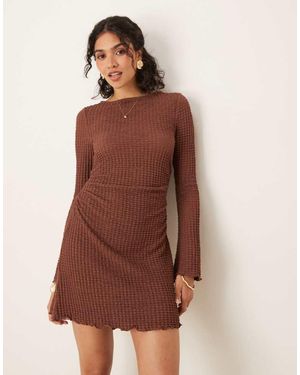 ASOS Slash Neck Textured Mini Dress With Flare Sleeve - Brown
