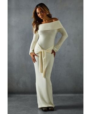 MissPap Knitted Bardot Wrap Front Midi Dress - Grey
