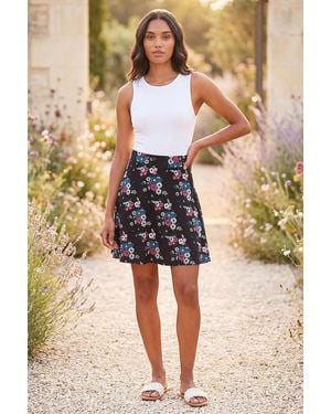 Roman Floral Print Skater Stretch Skirt - Blue