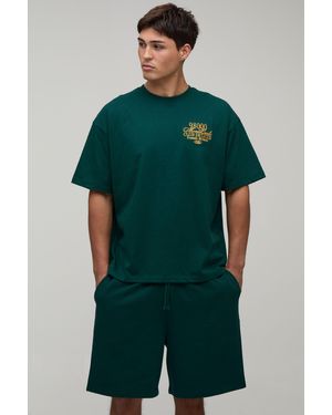 BoohooMAN Oversized Embroidered Monte Carlo T-Shirt & Baggy Short Set - Green