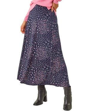 Roman Floral Print Stretch Midi Skirt - Blue