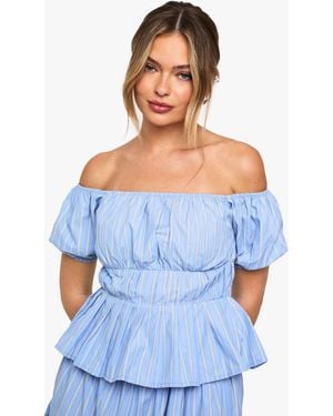 Boohoo Stripe Poplin Bardot Top - Blue