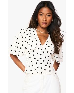 Boohoo Satin Polka Dot Puff Sleeve Blouse - White