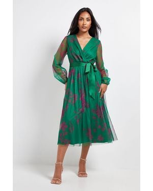Wallis Petite Floral Mesh Satin Tie Midi Dress - Green