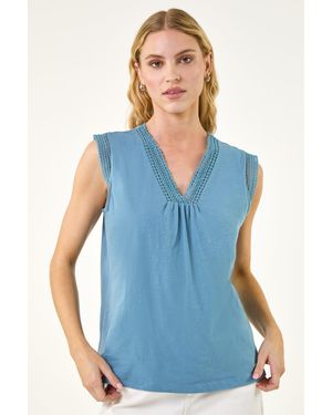 Roman Sleeveless V-Neck Lace Trim Cotton Top - Blue