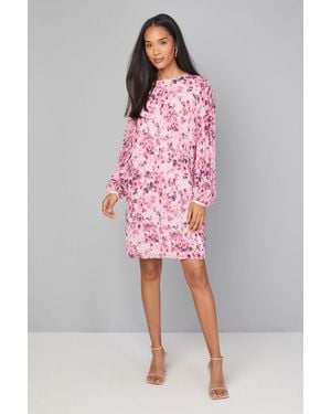 Wallis Pleated Sleeve Lace Trim Shift Dess - Pink