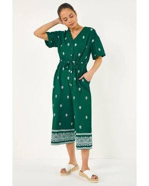 Roman Petite Aztec Print Belted Jumpsuit - Green