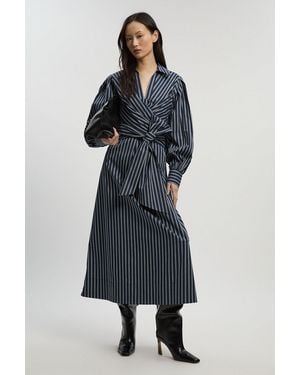 Karen Millen Stripe Cotton Poplin Drama Sleeve Woven Wrap Detail Shirt Dress - Black