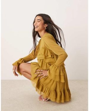 ASOS Long Sleeve Ruffle Tiered Mini Dress - Yellow