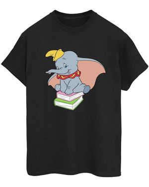 Disney Ladies Dumbo Sitting On Books Cotton Boyfriend T-Shirt - Black