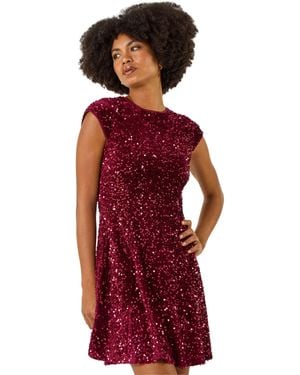 Roman Sequin Bow Back Flare Dress - Red