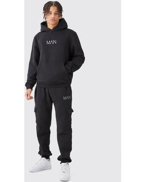BoohooMAN Regular Fit Hooded Cargo Tracksuit - Black