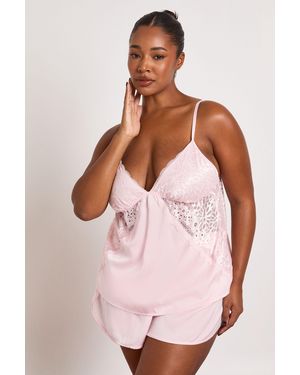 Boohoo Plus Valentines Satin Lace Detail Cami & Short Pyjama Set - Pink