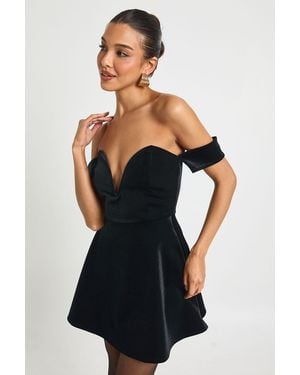 Boohoo Velvet Bardot Plunge Mini Dress - Black