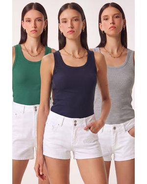 Happiness İstanbul 3-Pack Ribbed Cotton Cami Tops - Blue