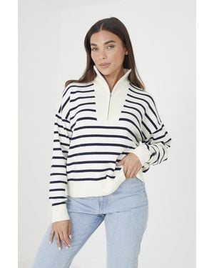 Brave Soul 'Jottie' Striped 1/2 Zip Knitted Jumper - White