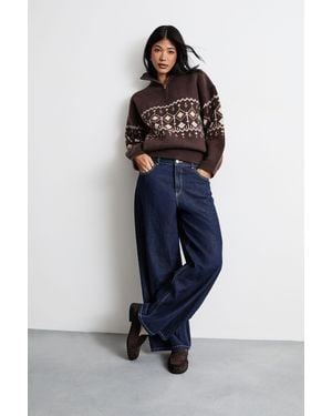 Oasis Fairisle Half Zip Jumper - Blue