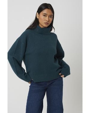 Brave Soul Loose Fit Roll Neck Knitted Jumper - Blue