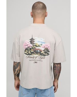 BoohooMAN Stone Oversized Boxy Landscape Print T-Shirt - Natural