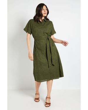 Wallis Broderie Belted Midi Shirt Dress - Green