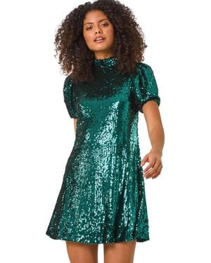 D.u.s.k Sequin Puff Sleeve Stretch Shift Dress - Green