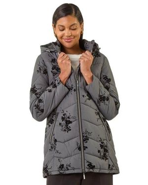 Roman Floral Flock Padded Coat - Grey
