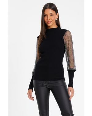 Quiz Knit Diamante Sleeve Jumper Material_Polyester - Black