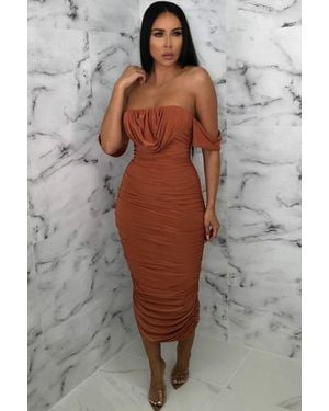 Femme Luxe Bardot Cowl Neck Ruched Midi Dress - Brown