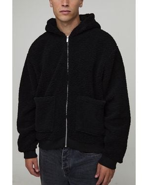 BoohooMAN Oversized Boxy Fluffy Borg Zip Through Pocket Hoodie - Black