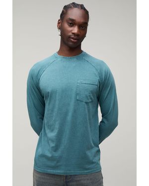 BoohooMAN Tall Essential Washed Regular Fit Raglan Long Sleeve Front Pocket T-Shirt - Blue