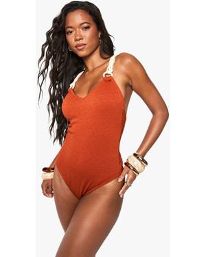 Boohoo Macrame Strap Cross Back Swimsuit - Orange