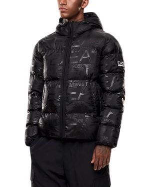 EA7 Logo Puffer Hooded Jacket - Black