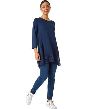 Roman Lace Floral Print Hem Tunic Top - Blue