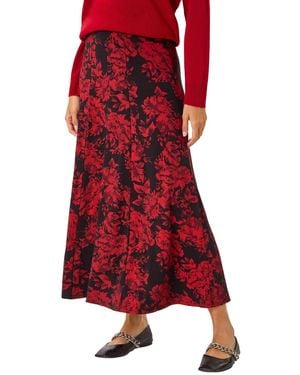 Roman Rose Print A-Line Midi Skirt - Red