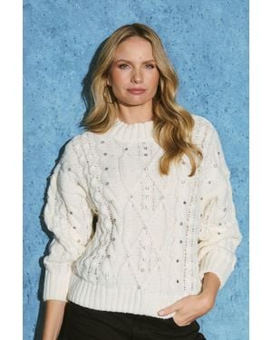 Izabel London Sequin Embellished Cable Knit Jumper - White