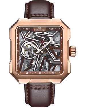 Heritor Campbell Leather-Band Skeleton Watch - Metallic